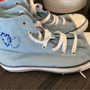 Converses Kids light blue customized with blue hearts rhinestones lightly used